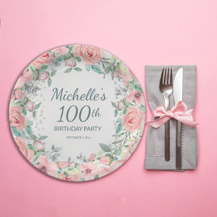Pink Watercolor Floral Roses Pearls 100th Birthday Paper Plate