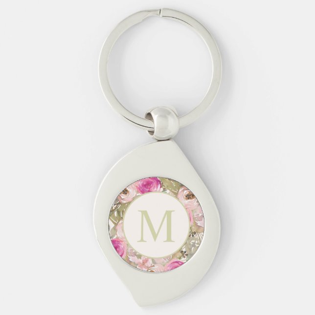 Pink Watercolor Floral Sage Green Leaves Monogram Keychain (Front)