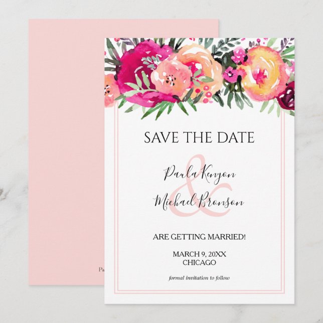Pink Watercolor Floral Save the Date Cards (Front/Back)