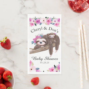 Pink Watercolor Floral Sloth Baby Shower Napkin