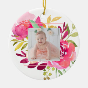 Pink Watercolor Floral Square Frame with Photo Ceramic Ornament