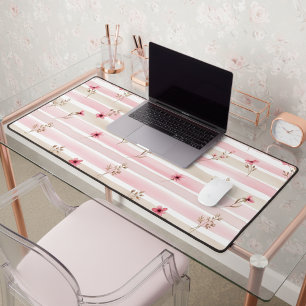 Pink Watercolor Floral Stripe Pattern Desk Mat