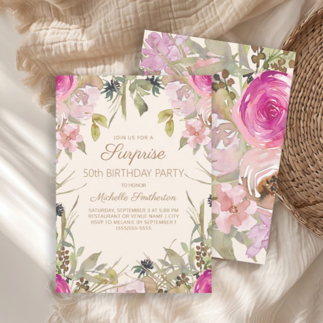 Pink Watercolor Floral Surprise 50th Birthday  Invitation (Elegant pink watercolor floral and sage green leaves surprise 50th birthday party invitation)