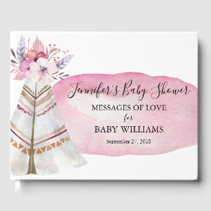 Pink Watercolor Floral Tribal Teepee Baby Shower Guest Book