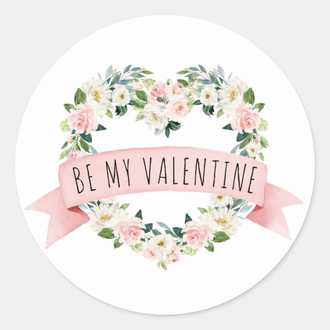 Pink Watercolor Floral Valentine Classic Round Sticker (Front)