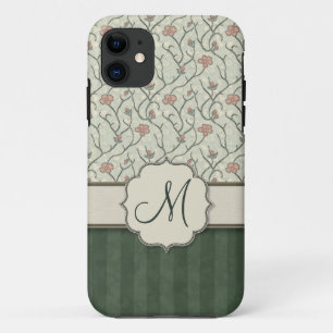 Pink Watercolor Floral Vines, Stripes and Monogram iPhone 11 Case
