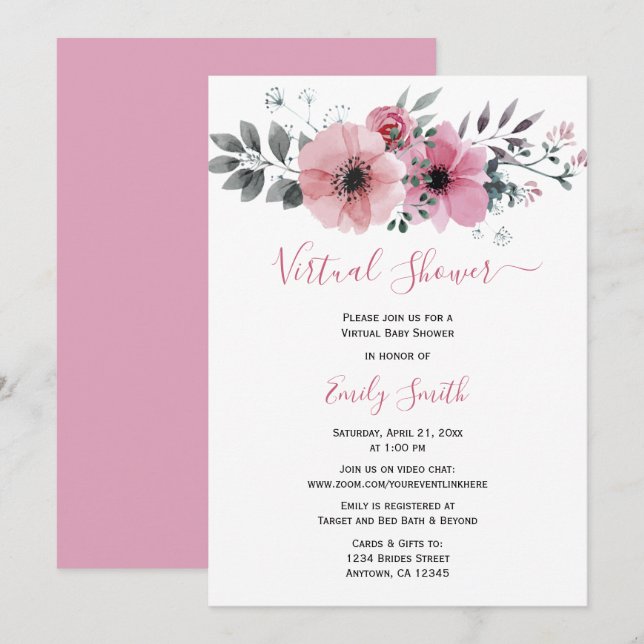 Pink Watercolor Floral | Virtual Baby Shower Invitation (Front/Back)