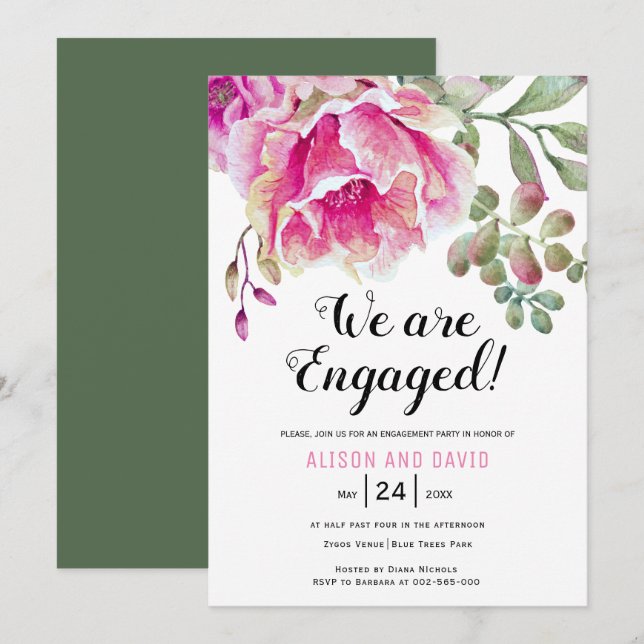 Pink watercolor floral wedding engagement party invitation (Front/Back)