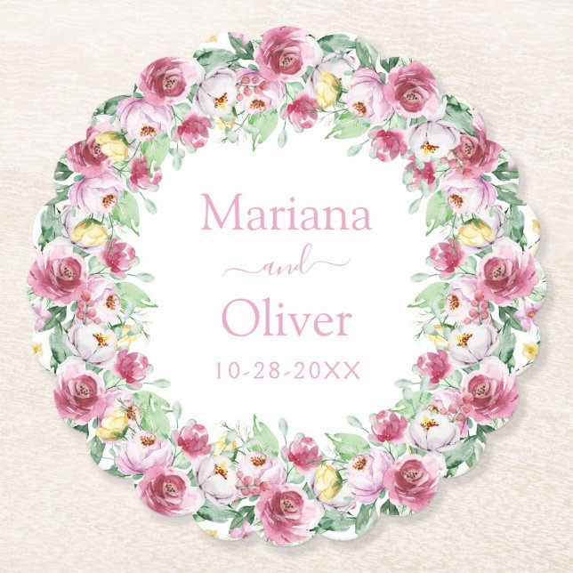 Pink Watercolor Floral Wedding Paper Coaster (Front)