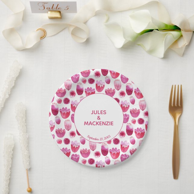 Pink Watercolor Floral Wedding Paper Plate (Wedding)