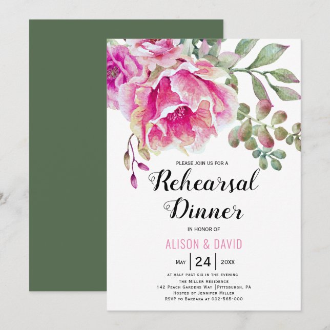 Pink watercolor floral wedding rehearsal dinner invitation (Front/Back)
