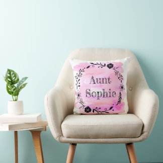 Pink Watercolor Floral Wreath Aunt Throw Pillow