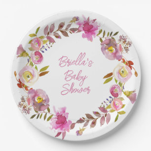 Pink Watercolor Floral Wreath Paper Plate