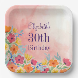 Pink Watercolor Florals 30th Birthday Paper Plates