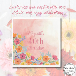 Pink Watercolor Florals 40th Birthday Napkin