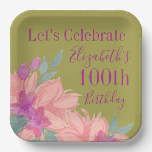 Pink Watercolor Florals Customizable Birthday Paper Plate