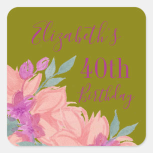 Pink Watercolor Florals Customizable Birthday Square Sticker