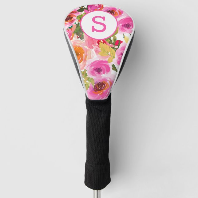 Pink Watercolor Florals Monogrammed Golf Head Cover (Front)