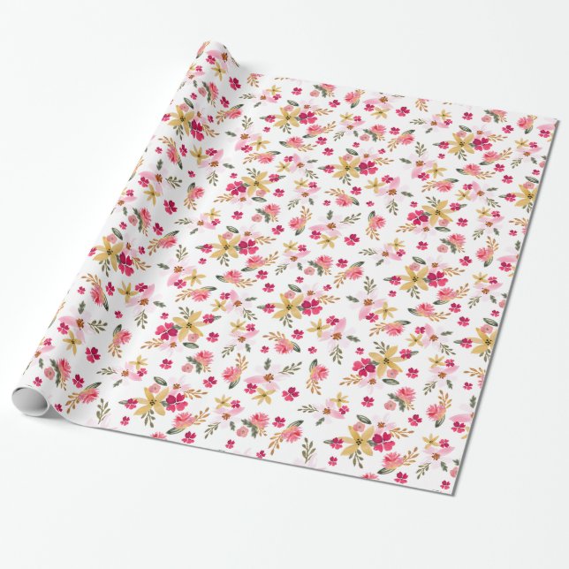 Pink Watercolor Florals Wrapping Paper (Unrolled)