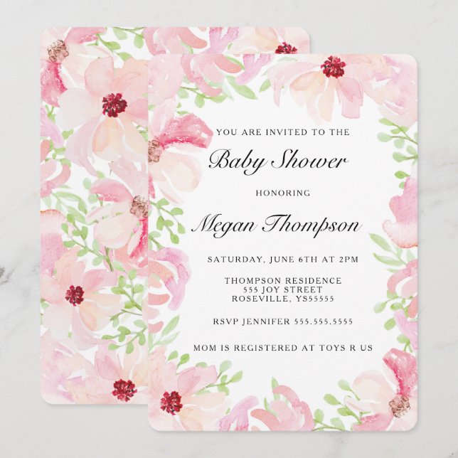 Pink Watercolor Flower Baby Shower Invitation (Front/Back)