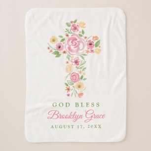 Pink Watercolor Flower Cross Baptism / Christening Sherpa Blanket