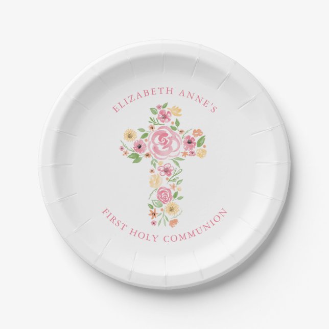 Pink Watercolor Flower Cross First Holy Communion Paper Plate (Front)