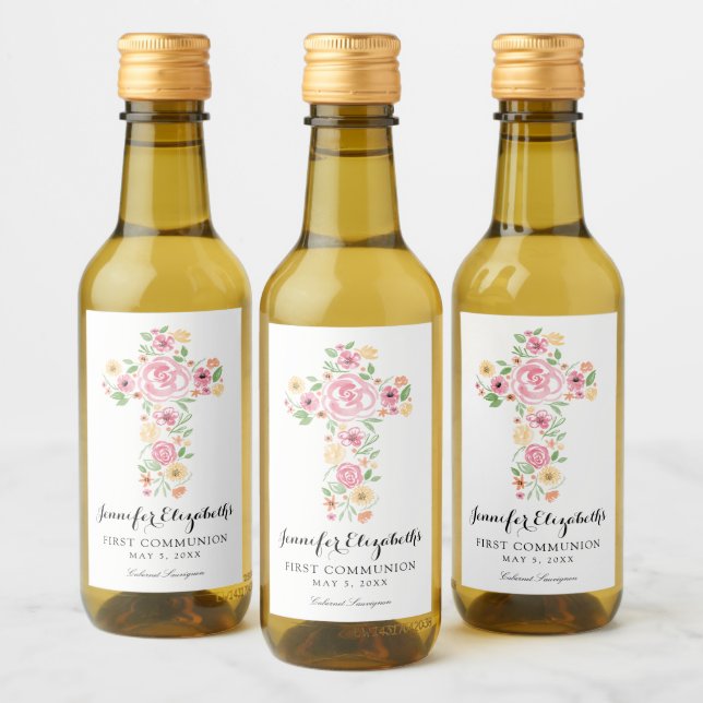 Pink Watercolor Flower Cross First Holy Communion  Wine Label (Bottles)
