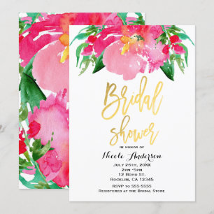 Pink Watercolor Flower Floral Gold Bridal Shower Invitation