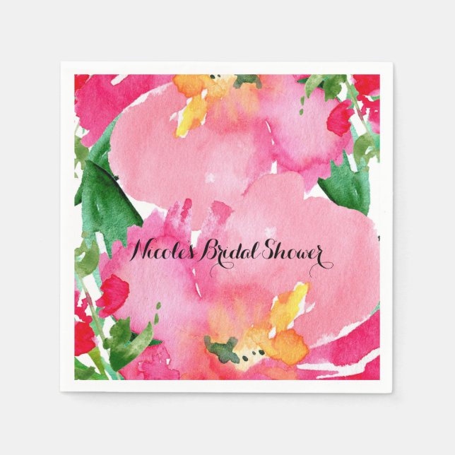 Pink Watercolor Flower Floral Summer Bridal Shower Napkin (Front)