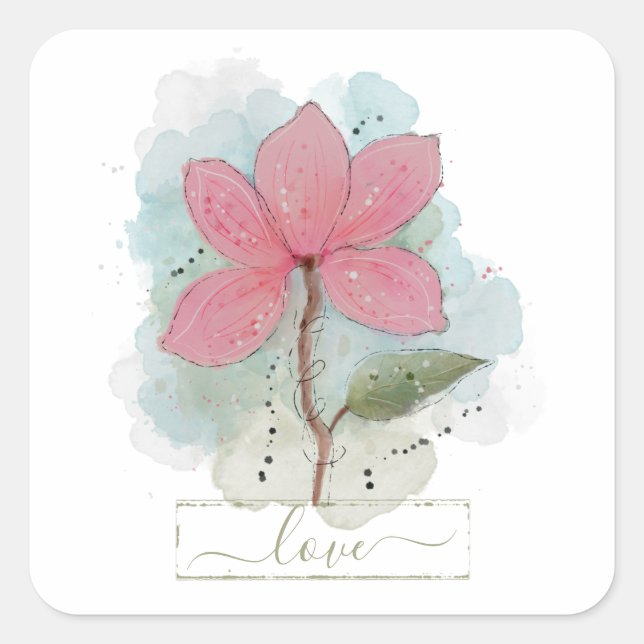 Pink Watercolor Flower Love Square Sticker (Front)