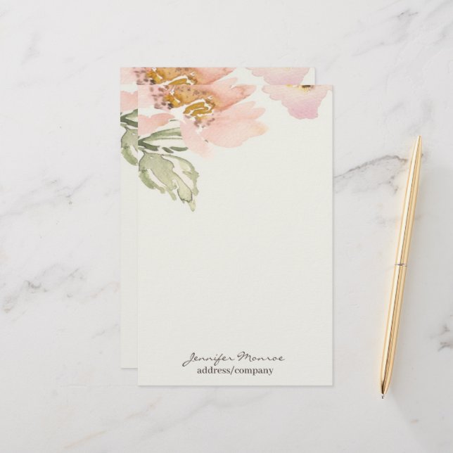 Pink watercolor flower personalized stationery (Front/Back In Situ)