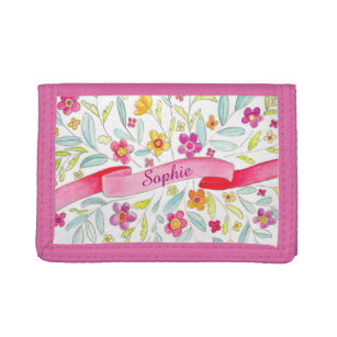 Pink watercolor flower ribbon add your name purse trifold wallet