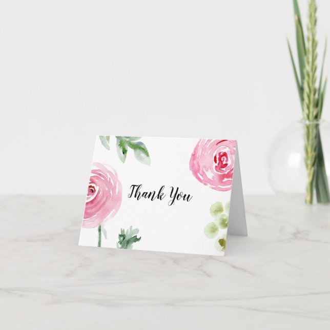 Pink Watercolor Flower Thank You Card (Front)