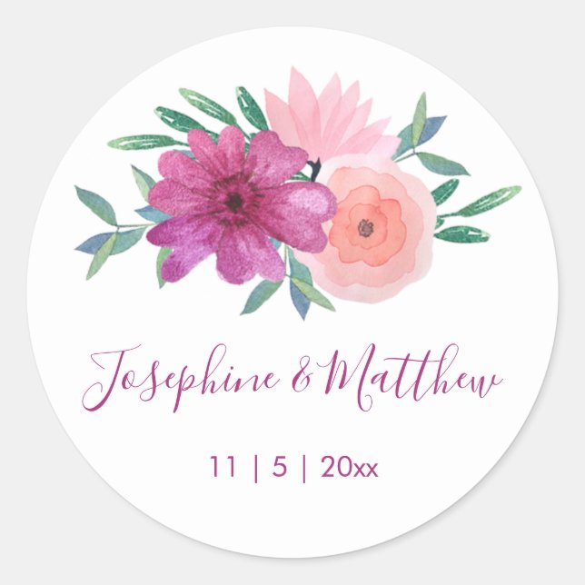 Pink Watercolor Flower Wedding Classic Round Sticker (Front)
