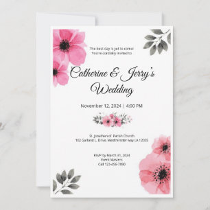 Pink watercolor flower wedding invitation card