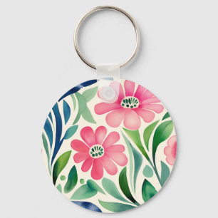 Pink Watercolor Flowers Art  Keychain