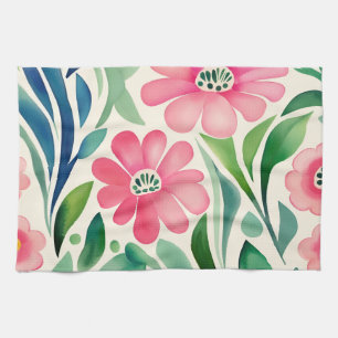 Pink Watercolor Flowers Art Kitchen Towel