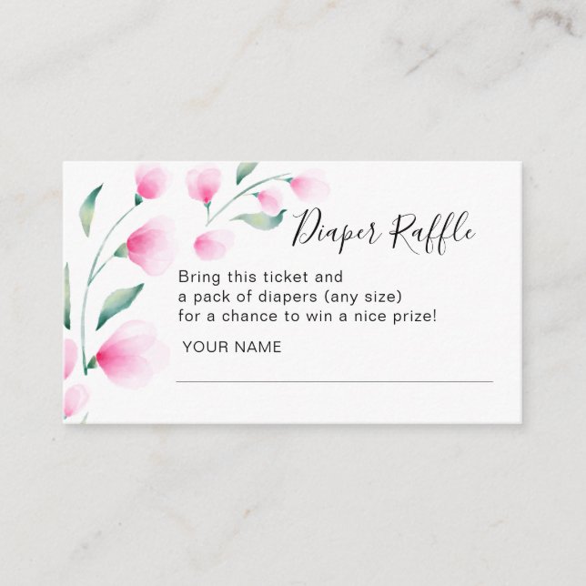 Pink Watercolor Flowers Baby Shower Diaper Raffle Enclosure Card (Front)