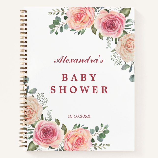 Pink Watercolor Flowers Baby Shower Guest Notebook (Front)
