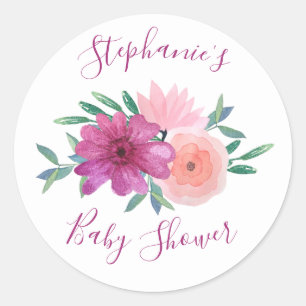 Pink Watercolor Flowers Baby Shower Personalized Classic Round Sticker