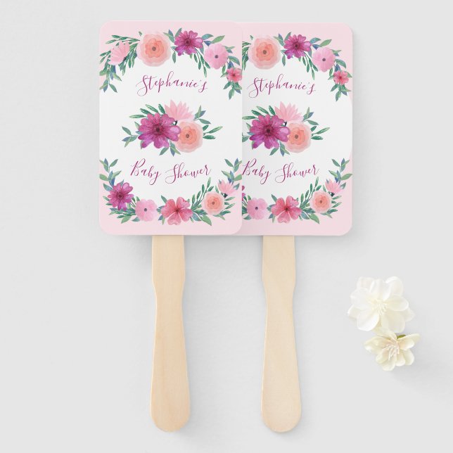 Pink Watercolor Flowers Baby Shower Personalized Hand Fan (Front and Back)