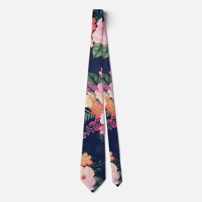 Pink Watercolor Flowers Blue Design Tie (Front)
