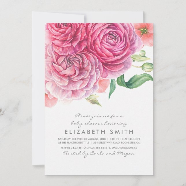 Pink Watercolor Flowers Botanical Baby Shower Invitation (Front)