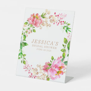 Pink Watercolor Flowers Bridal Shower Custom  Pedestal Sign