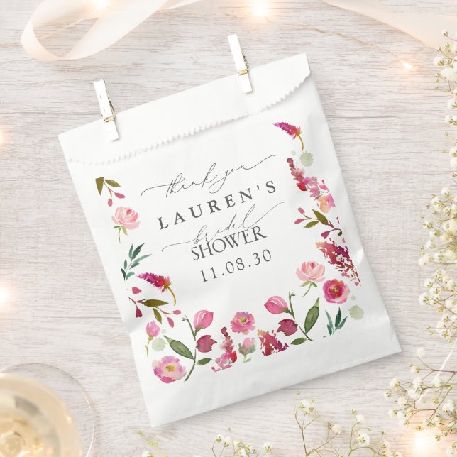 Pink Watercolor Flowers Bridal Shower Thank You Favour Bag (Clipped)