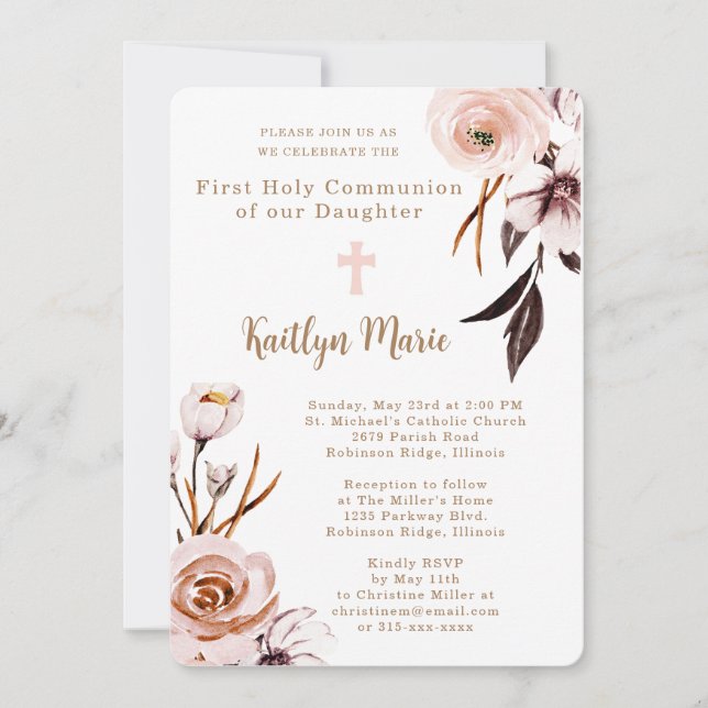 Pink Watercolor Flowers Daughter First Communion Invitation (Front)