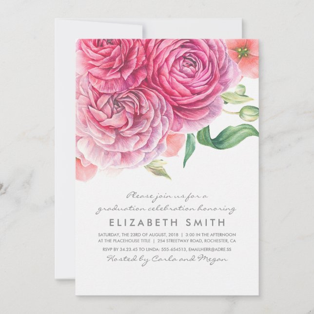 Pink Watercolor Flowers Elegant Modern Graduation Invitation (Front)