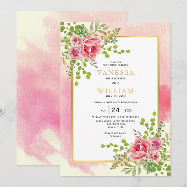 Pink watercolor flowers floral boho wedding invitation (Front/Back)