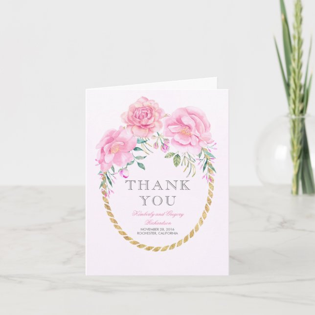 Pink Watercolor Flowers Gold Wrap edding Thank You (Front)