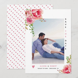 Pink watercolor flowers, green leaves and photo save the date